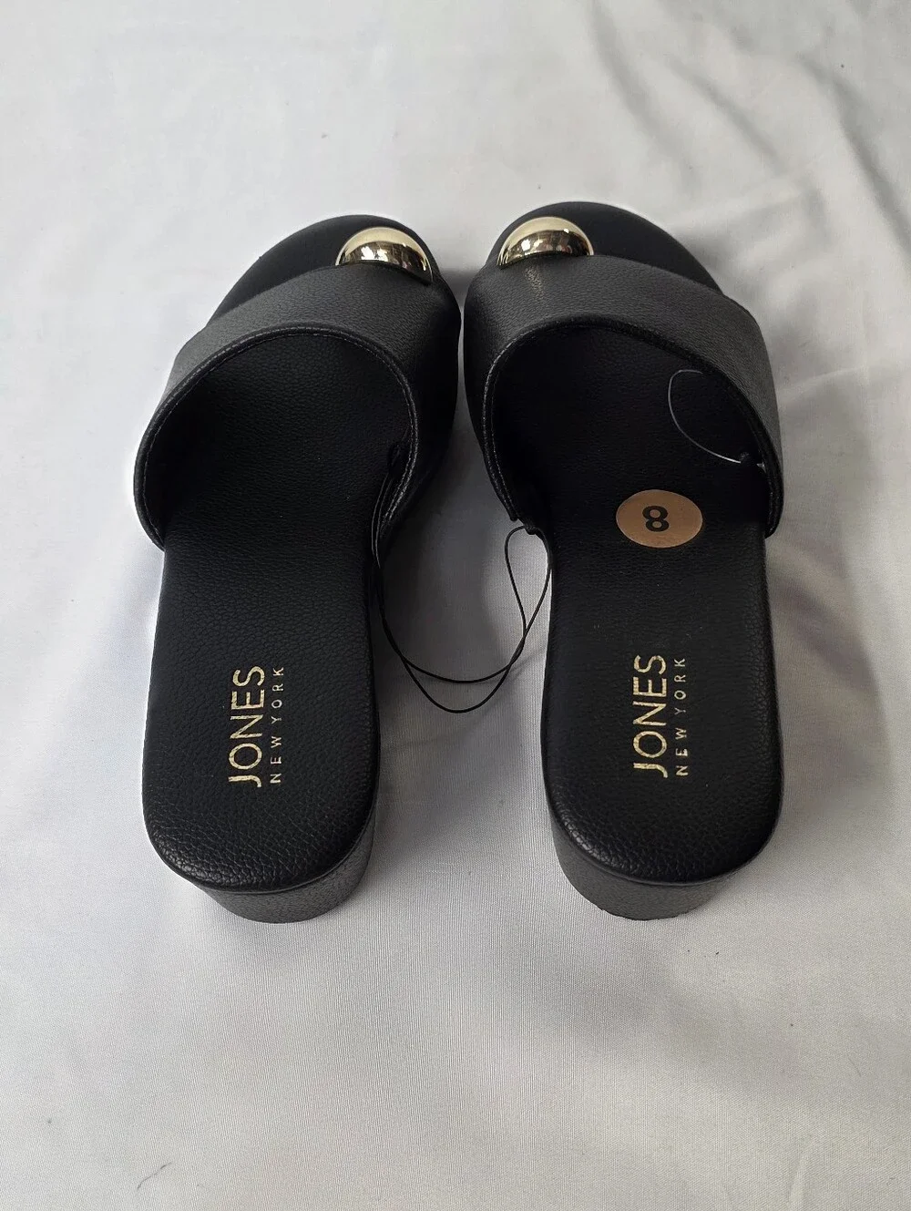 Jones New York Junely Black Platform Slide Sandals with Goldtone Accent Size 8